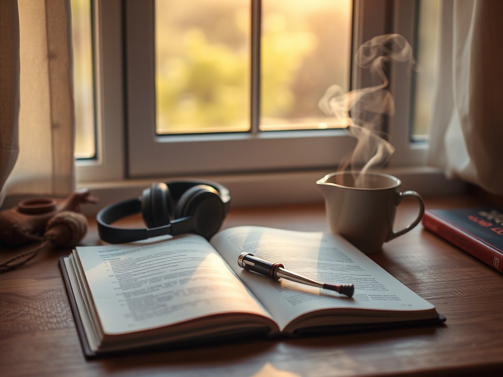 "calm morning scene" "open journal, headphones, steaming tea" "soft sunlight through window" "gentle warm tones, minimal clutter" "subtle focus on relaxation tools"