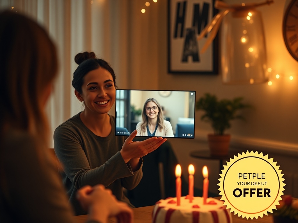 "A warm, intimate birthday scene with soft lighting, a friendly team member presenting a short personal video moment, surrounded by subtle celebration elements and a glowing offer badge."