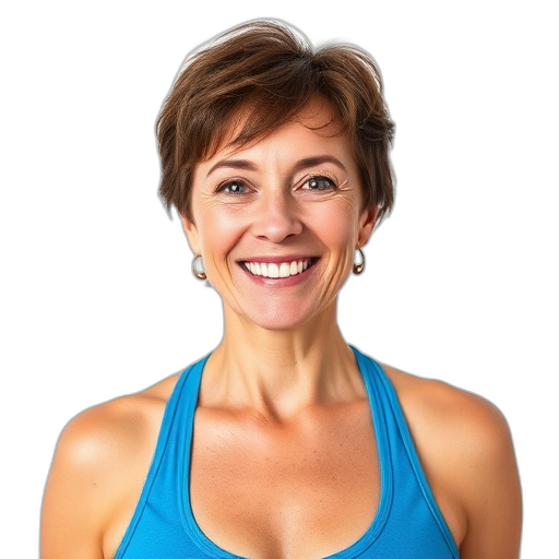 Een lachende vrouw met kort haar en een blauwe top.