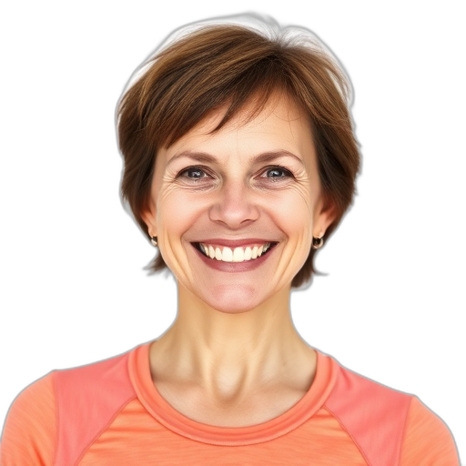 Een lachende vrouw met een oranje shirt.