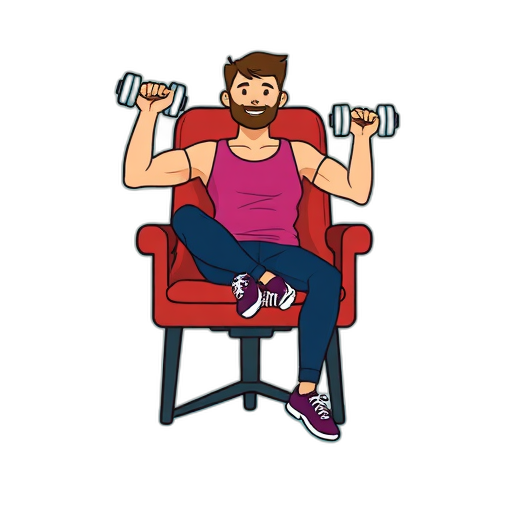 Een man die op een stoel traint met dumbbells.