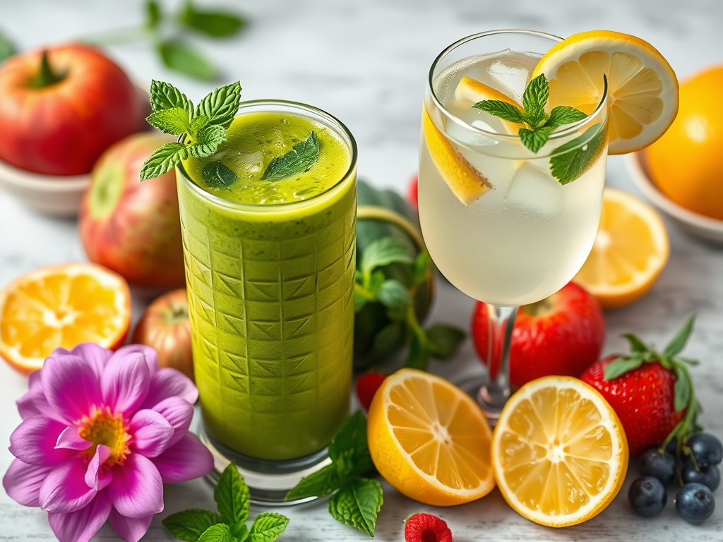 Een kleurrijke mocktail-opstelling met smoothies en fruit.