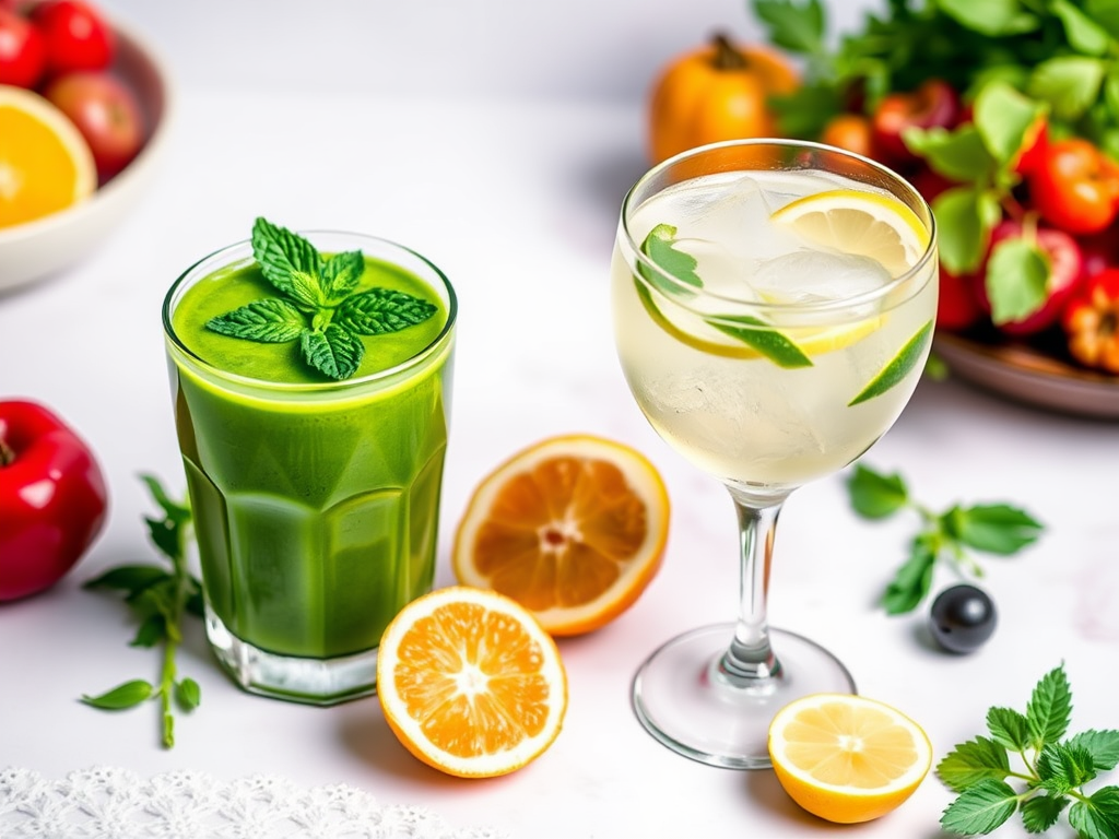 Een kleurrijke mocktailopstelling met groene smoothie en spritzer.