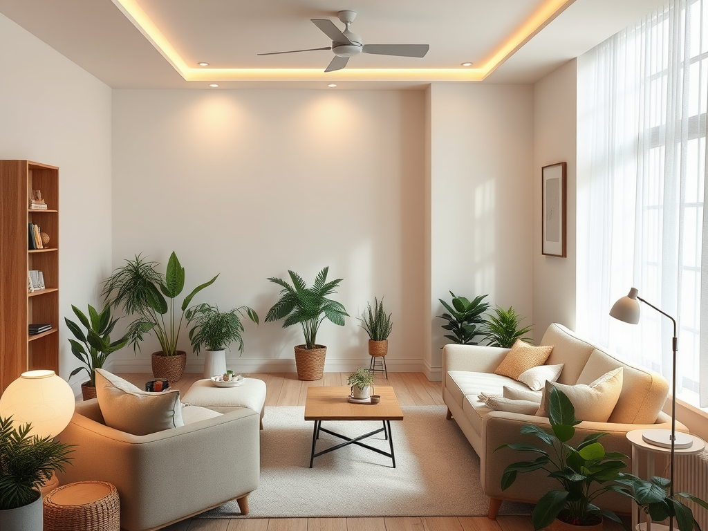 Een rustige coachingsruimte met planten en comfortabele meubels.