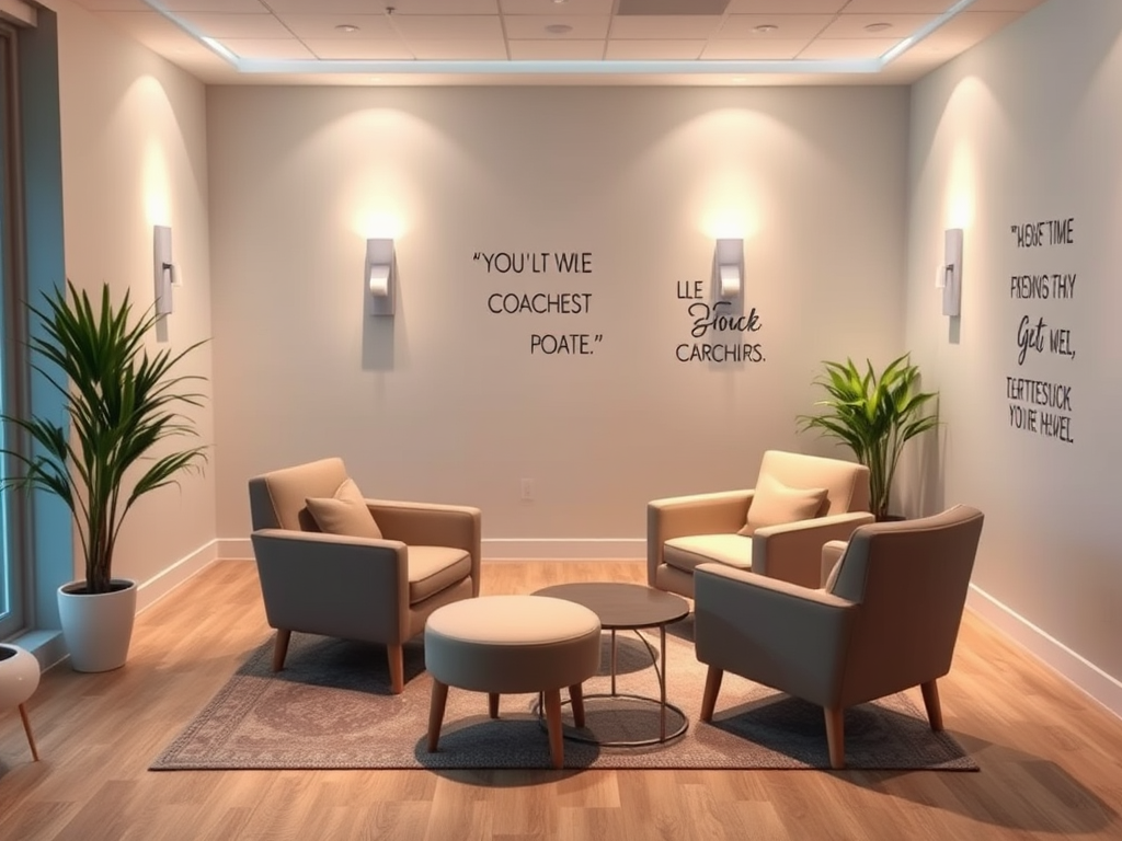 Rustige coachingsruimte met comfortabele stoelen en inspirerende quotes.