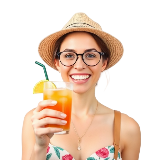 Een lachende persoon met een drankje op de achtergrond.
