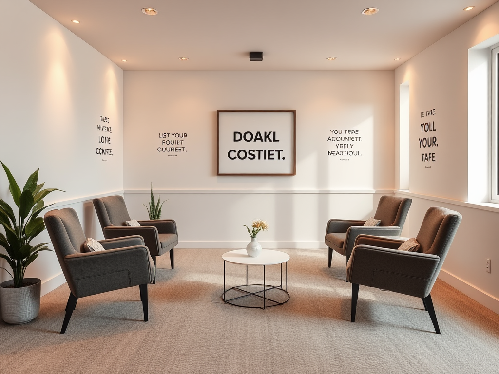 Rustige coachingruimte met comfortabele stoelen en inspirerende quotes.