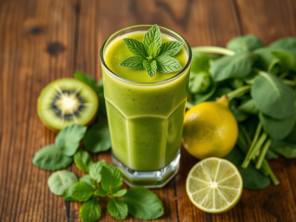 Groene smoothie mocktail met munt en vers fruit.