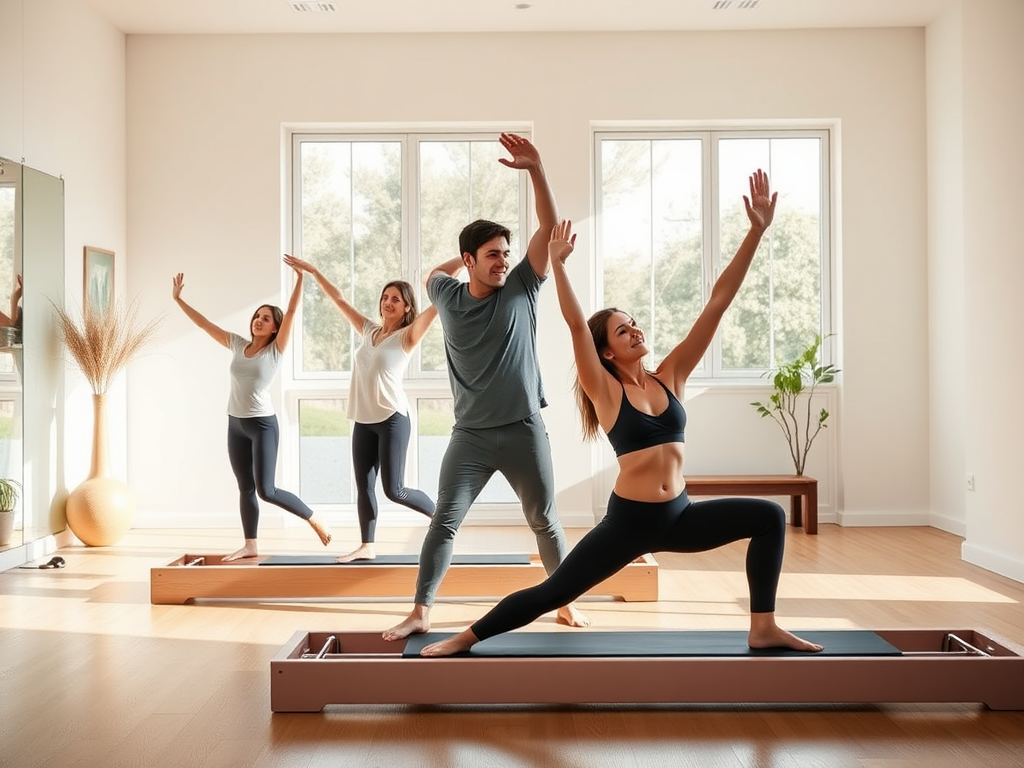 "A serene Pilates studio" with "a family practicing together" in "bright natural light" showing "diverse ages and flexible poses" surrounded by "calm, minimalistic decor" and "soft wooden floors."