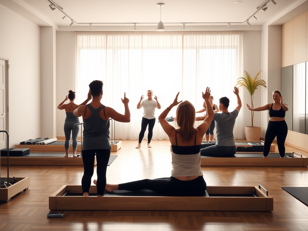 A serene Pilates studio with soft natural light, "a focused instructor guiding a diverse group" in "various Pilates poses," emphasizing "core strength and fluid movement," surrounded by calm, minimalistic decor.