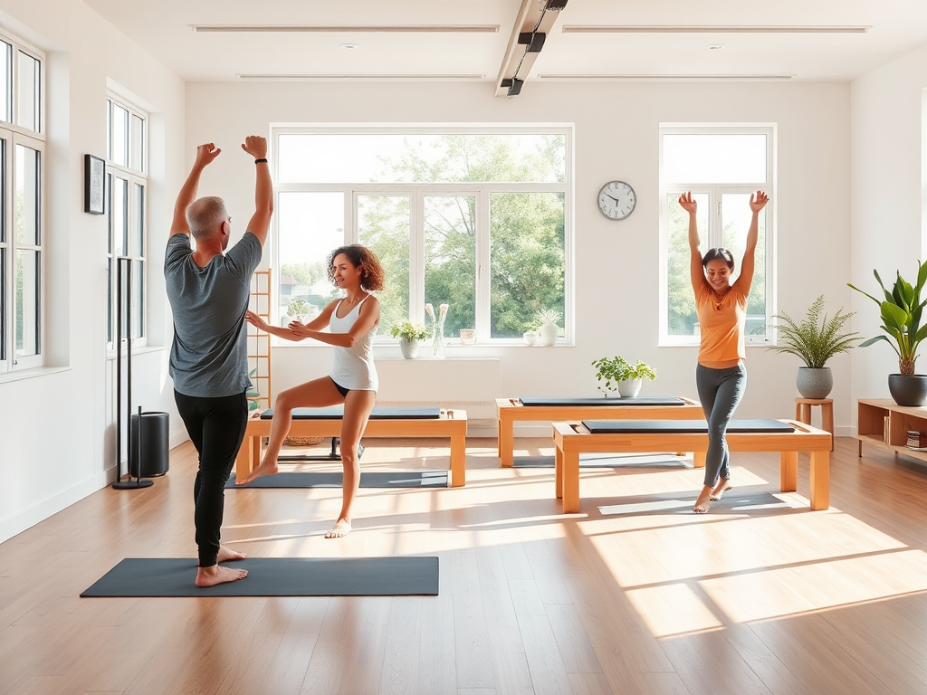 "A serene Pilates studio" with "a family practicing together" in "bright natural light" showing "diverse ages and flexible poses" surrounded by "calm, minimalistic decor" and "soft wooden floors."
