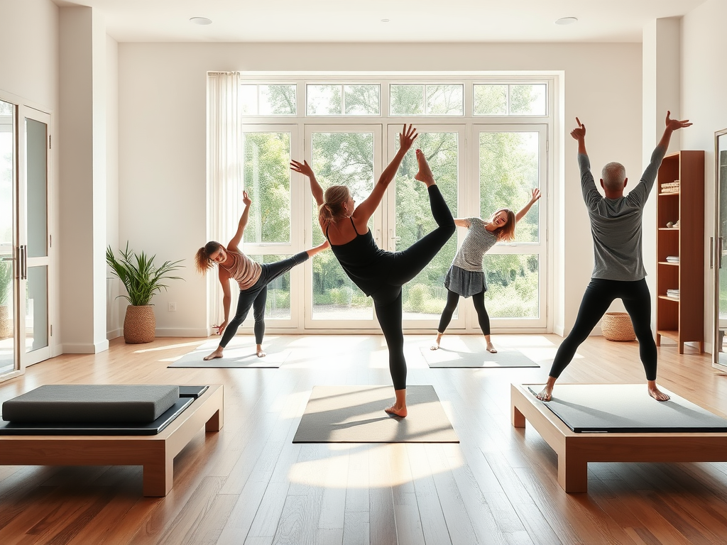 "A serene Pilates studio" with "a family practicing together" in "bright natural light" showing "diverse ages and flexible poses" surrounded by "calm, minimalistic decor" and "soft wooden floors."