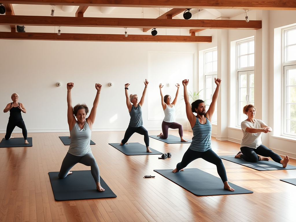 "a serene Pilates studio" with "diverse people of all ages" practicing "mat Pilates exercises" in a bright, airy room with "wooden floors" and "large windows" showing "soft natural light."