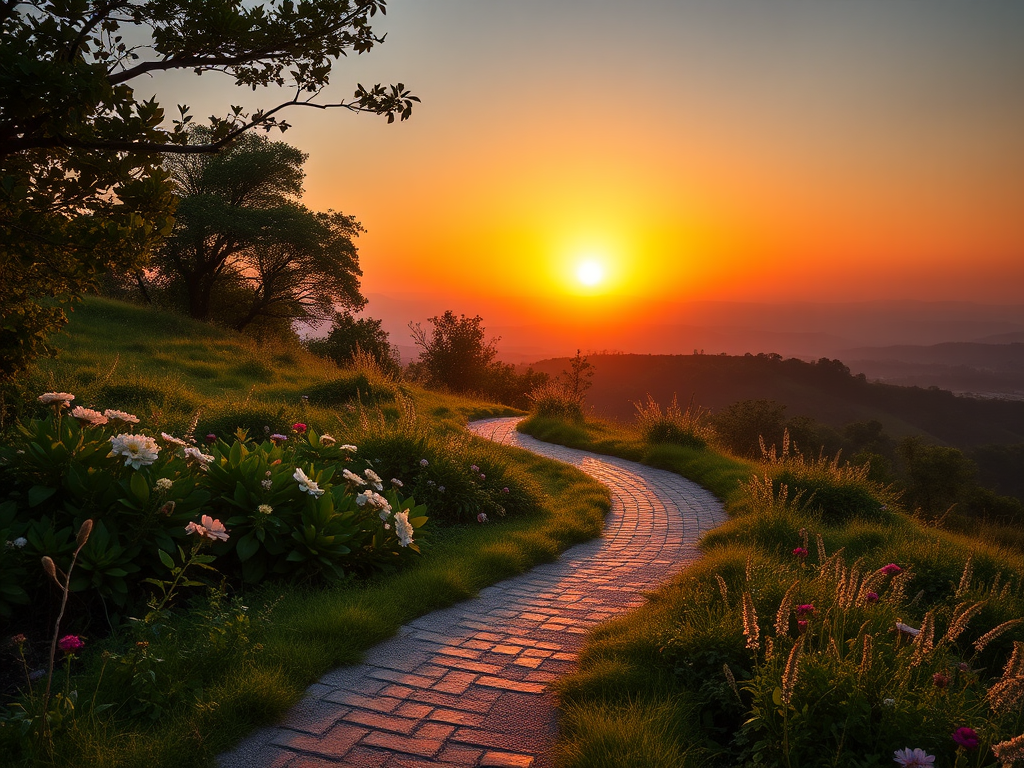 Een kronkelig pad omringd door bloemen en een zonsopgang.