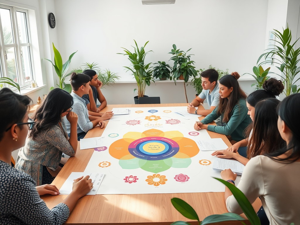 Een workshop met diverse deelnemers, omringd door planten en diagrammen.