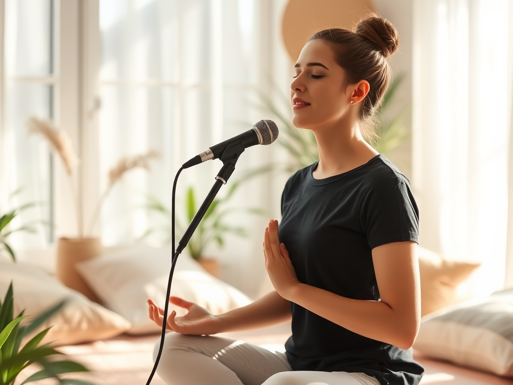 Een rustige zangeres oefent ademhalingstechnieken in een zonnige kamer.