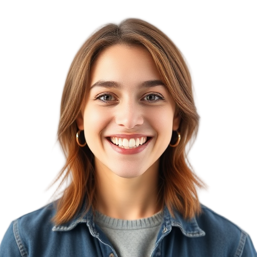 Een lachend persoon voor een witte achtergrond.