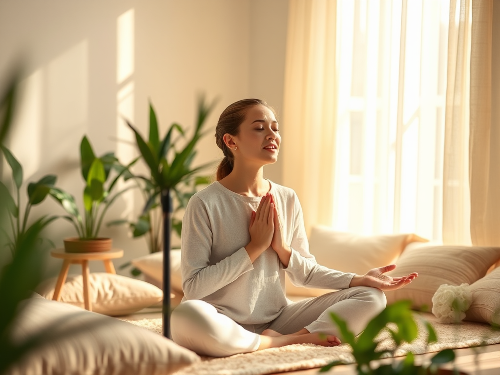 Een zangeres die ademhalingstechnieken beoefent in een zonnige kamer.