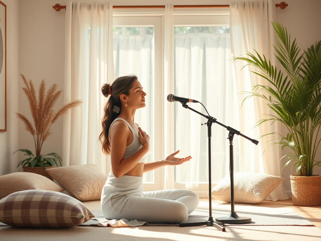 Een zangeres die ademhalingsoefeningen doet in een zonnige kamer.