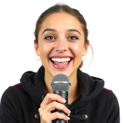 Een glimlachende persoon met een microfoon op een witte achtergrond.