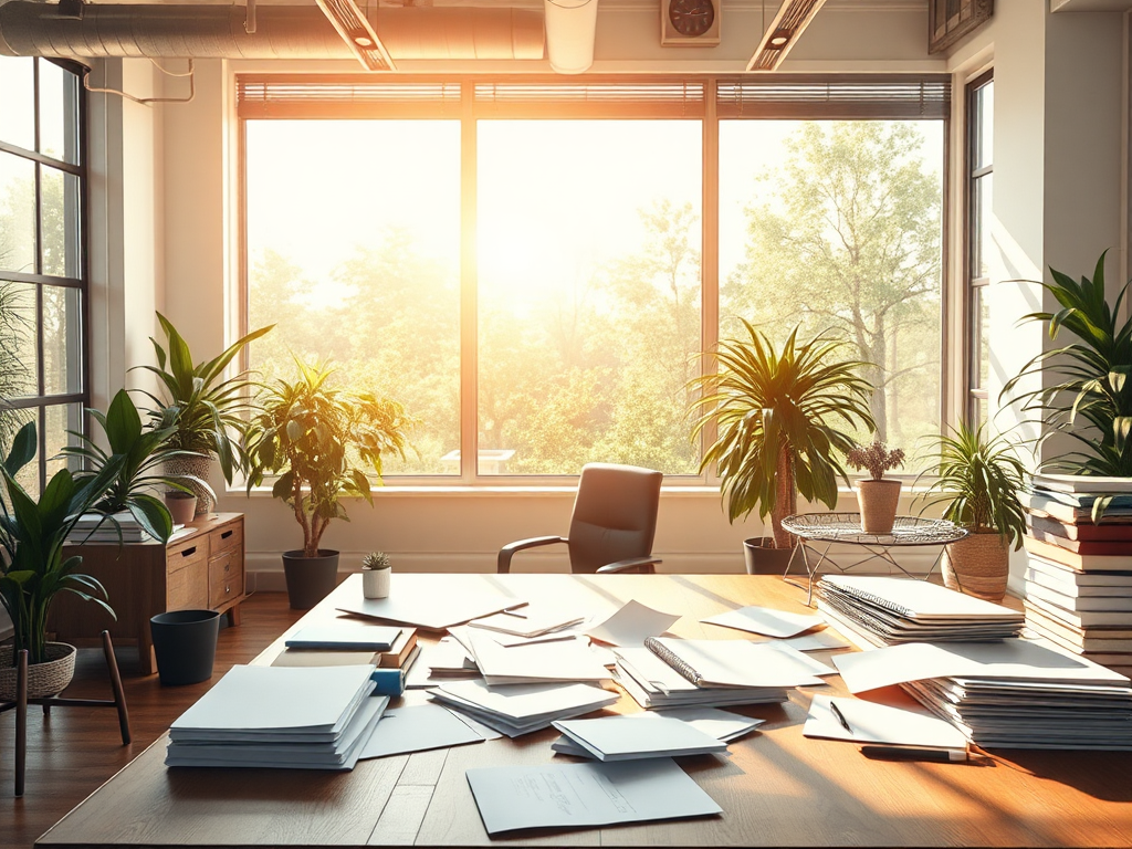 Een serene kantoorruimte met zonlicht en planten.