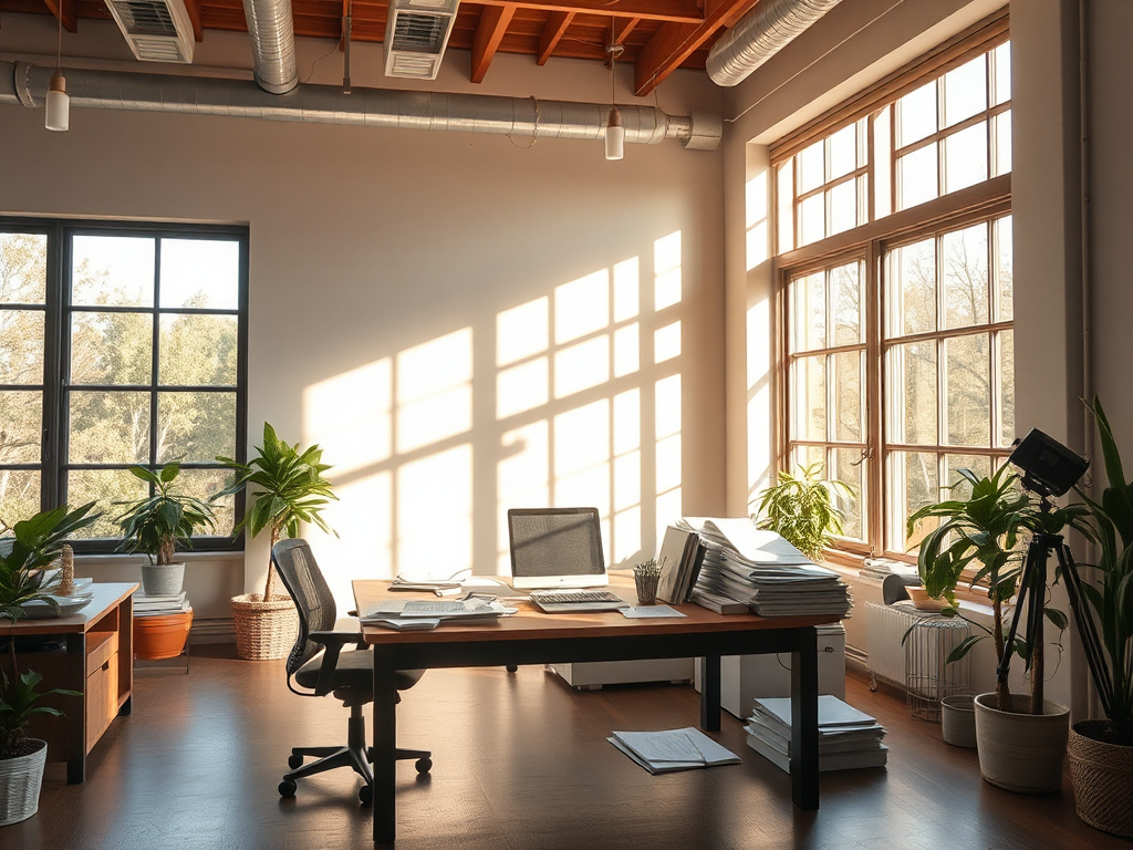 Een serene kantoorruimte met zonlicht en planten.