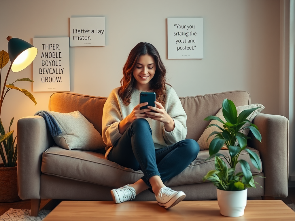 Een vrouw zit op een bank met haar telefoon, omringd door planten.