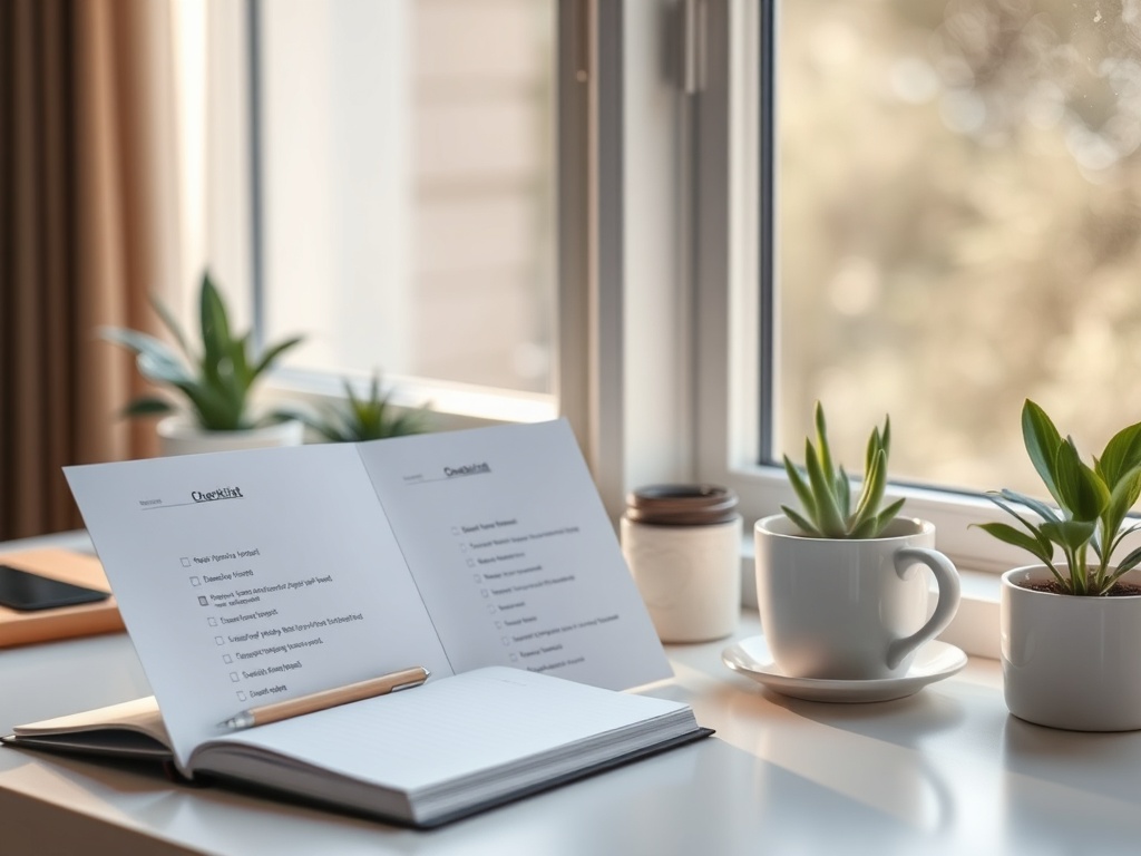 "serene workspace" "notebook open with checklist" "soft morning light" "coffee cup steam" "plants on windowsill" "calm person reflecting"
