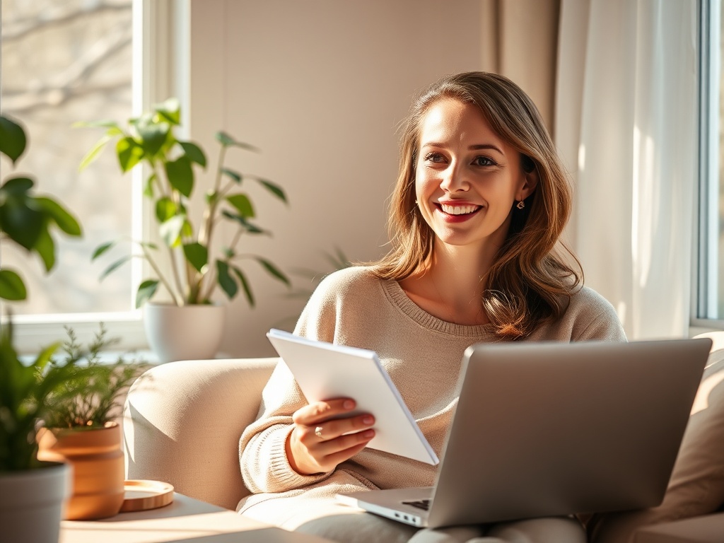 "cozy sunlit home office" "woman relaxed, smiling, mid-30s, holding notebook" "soft pastel color palette, warm golden light" "plants, coffee mug, laptop open with calm interface" "gentle rays, shallow depth of field, serene atmosphere"