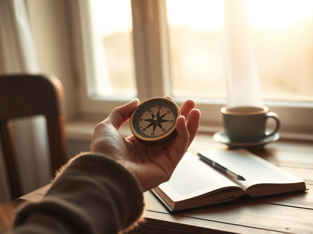 "woman holding a small vintage compass" "soft morning light through window" "cozy desk with notebook, pen, and coffee" "calm, warm color palette" "subtle sense of direction and clarity"