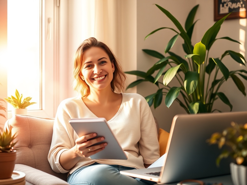 "cozy sunlit home office" "woman relaxed, smiling, mid-30s, holding notebook" "soft pastel color palette, warm golden light" "plants, coffee mug, laptop open with calm interface" "gentle rays, shallow depth of field, serene atmosphere"