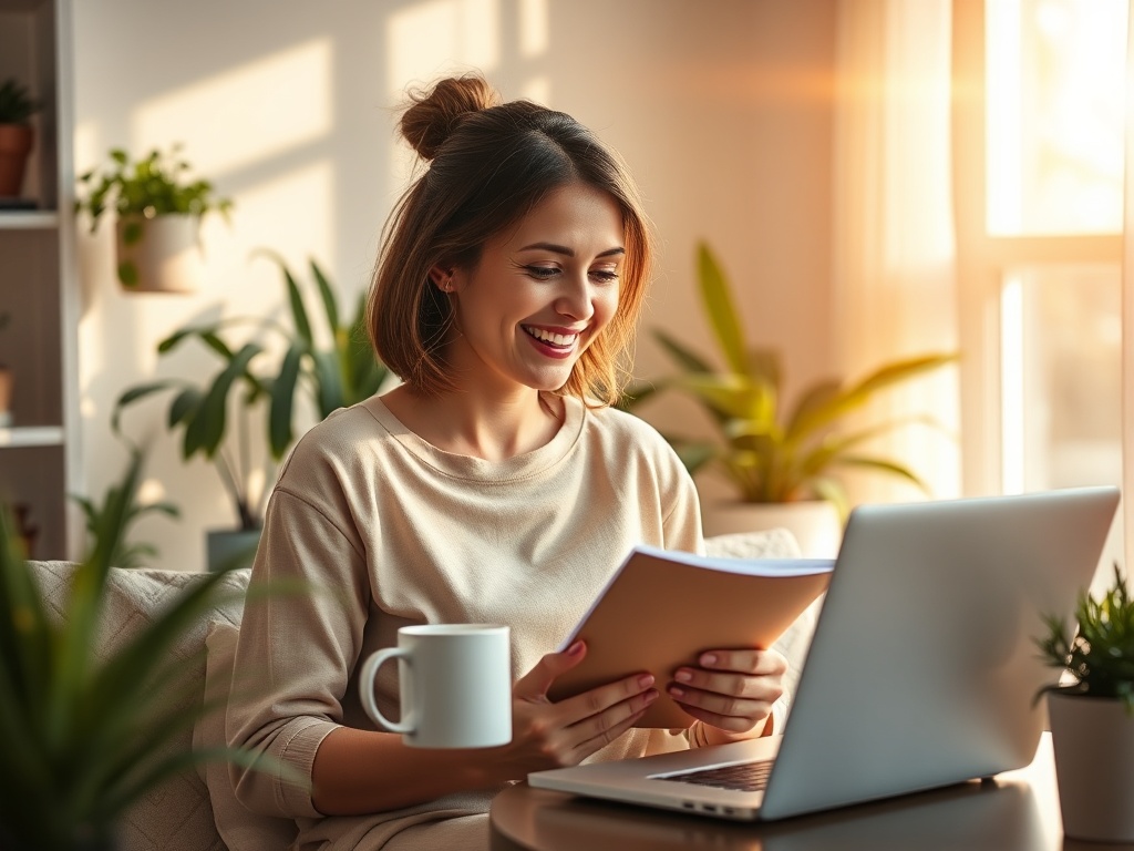 "cozy sunlit home office" "woman relaxed, smiling, mid-30s, holding notebook" "soft pastel color palette, warm golden light" "plants, coffee mug, laptop open with calm interface" "gentle rays, shallow depth of field, serene atmosphere"