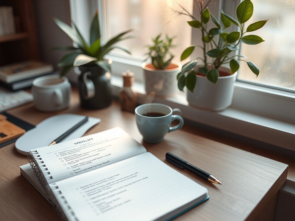 "serene workspace" "notebook open with checklist" "soft morning light" "coffee cup steam" "plants on windowsill" "calm person reflecting"