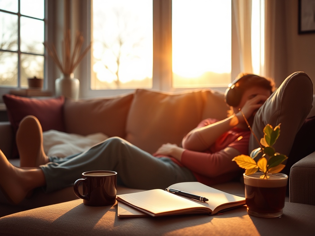 "warm cozy living room" "person with headphones relaxed on sofa" "soft golden light through window" "open notebook, pen, steaming mug" "calm, reflective mood"