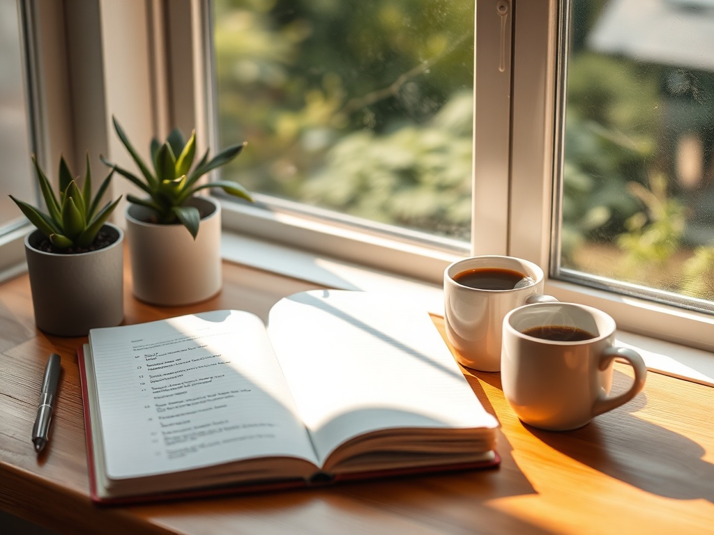"serene workspace" "notebook open with checklist" "soft morning light" "coffee cup steam" "plants on windowsill" "calm person reflecting"