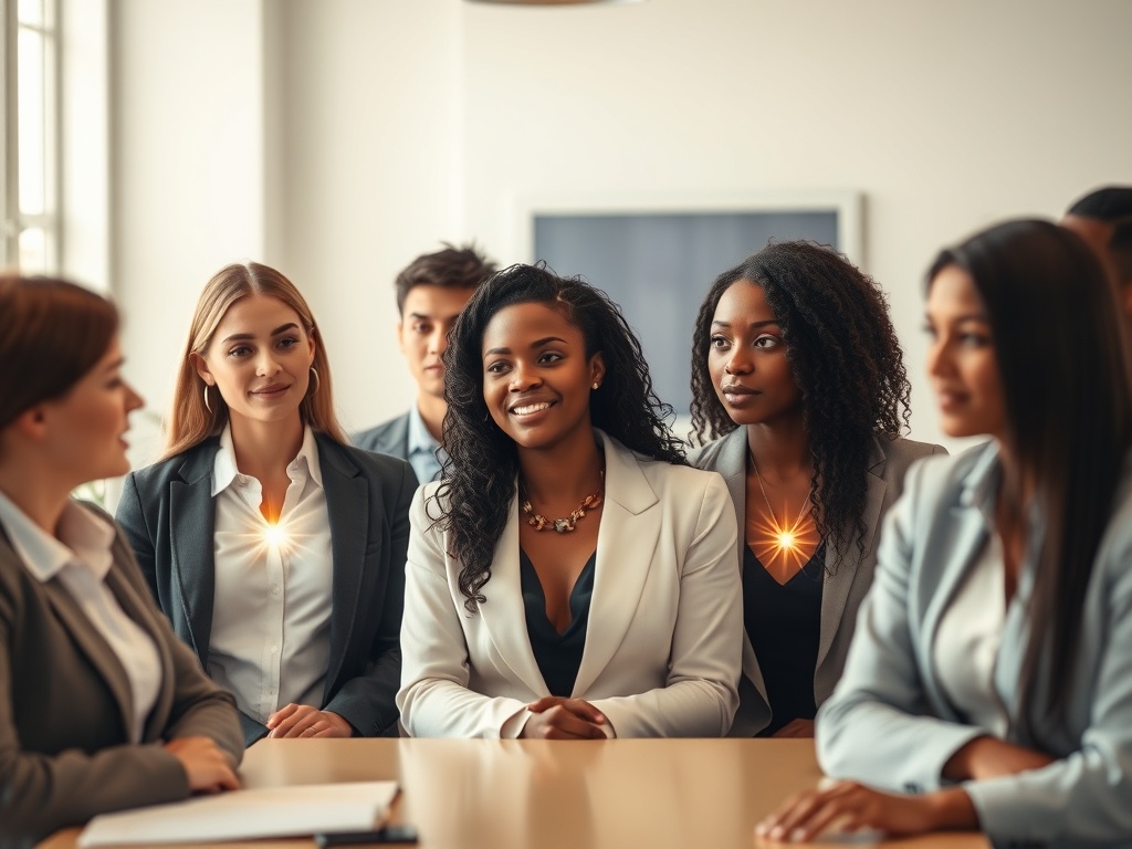 "A diverse group of professionals in a soft-lit office, weighing values against job roles, subtle energy rays from their chests, calm, reflective mood, warm tones."