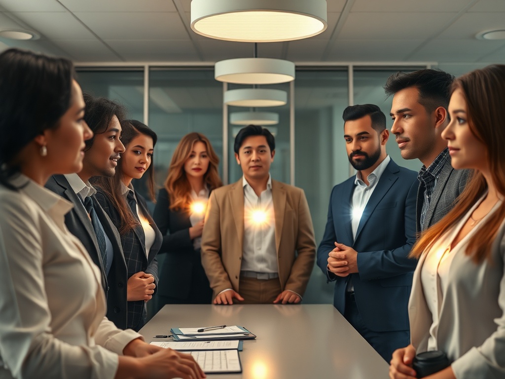 "A diverse group of professionals in a soft-lit office, weighing values against job roles, subtle energy rays from their chests, calm, reflective mood, warm tones."