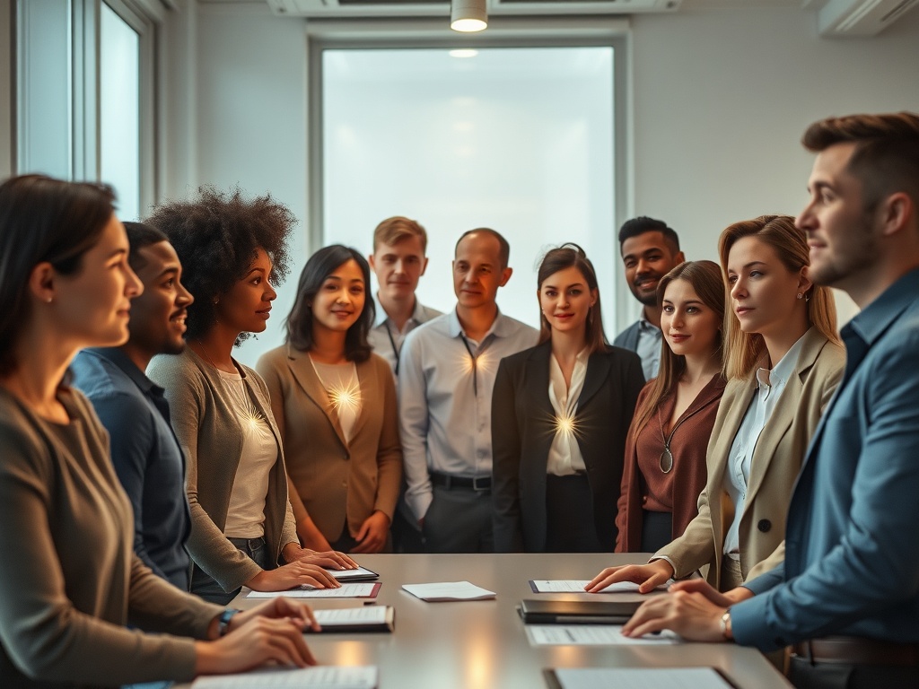 "A diverse group of professionals in a soft-lit office, weighing values against job roles, subtle energy rays from their chests, calm, reflective mood, warm tones."