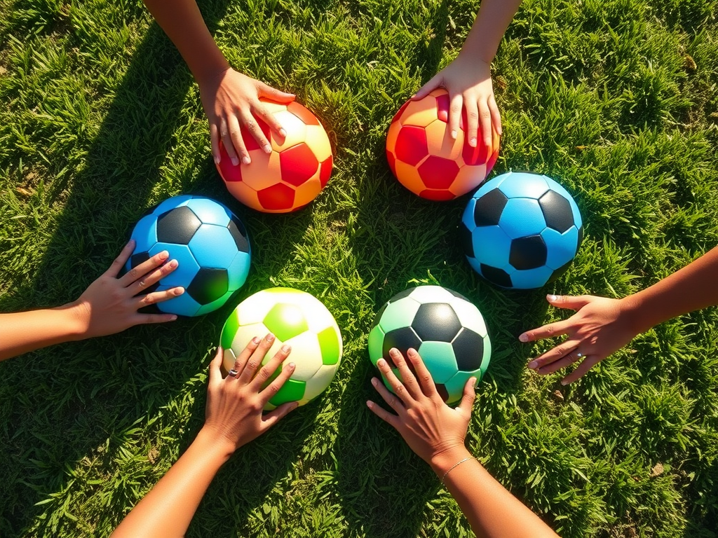 "Five colorful soccer balls" arranged in a circle on lush green grass, each ball glowing softly, with diverse hands reaching toward them under warm sunlight.