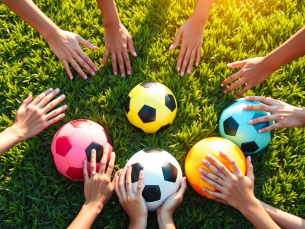 "Five colorful soccer balls" arranged in a circle on lush green grass, each ball glowing softly, with diverse hands reaching toward them under warm sunlight.
