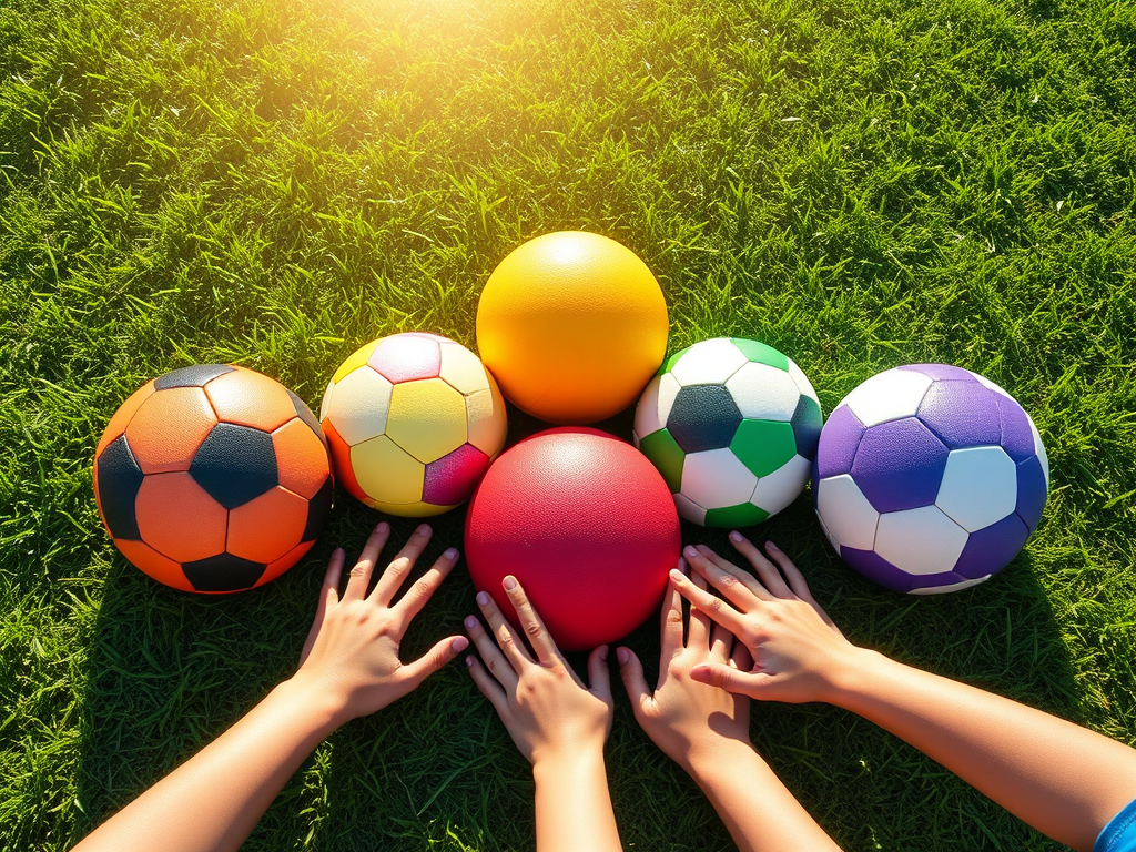 "five colorful sports balls" arranged in a circle on "green grass" under "bright sunlight," with "youthful hands reaching towards them," evoking "energy and faith."