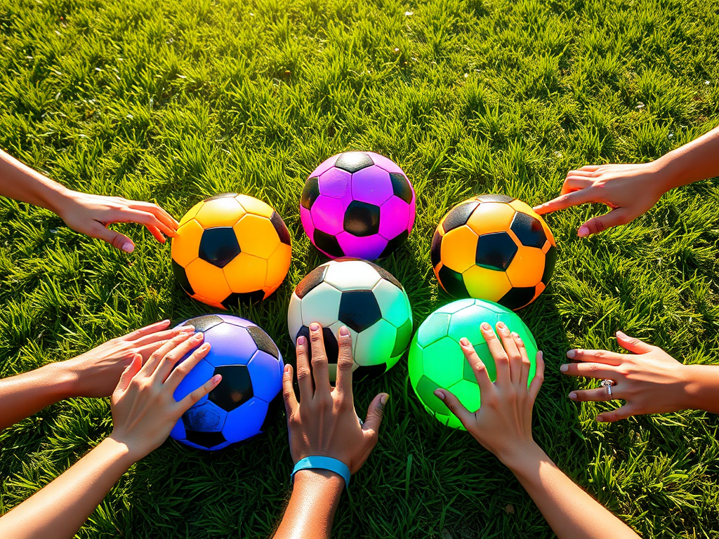 "Five colorful soccer balls" arranged in a circle on lush green grass, each ball glowing softly, with diverse hands reaching toward them under warm sunlight.