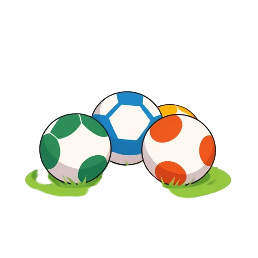 "Five" "colorful" "balls" "grouped" "on grass" "bold shadows" "simple shapes" "bright colors" "clean lines"