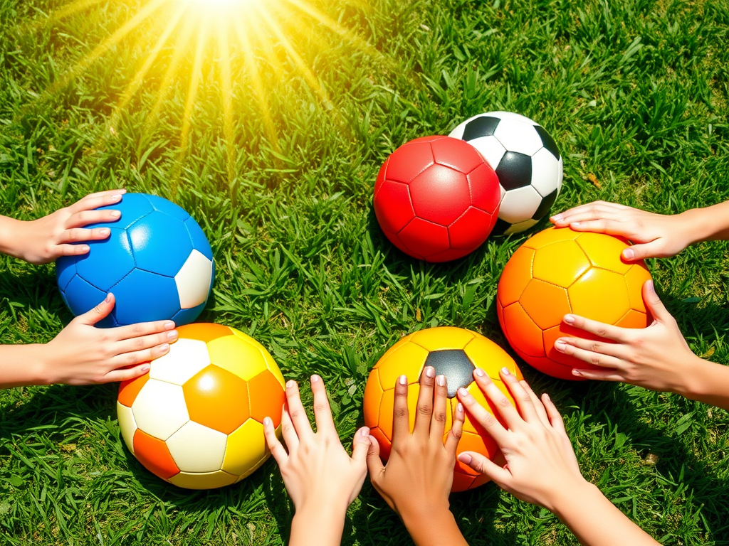 "five colorful sports balls" arranged in a circle on "green grass" under "bright sunlight," with "youthful hands reaching towards them," evoking "energy and faith."