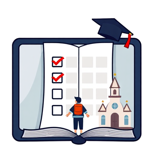 "open book" "checklist paper" "calendar grid" "digital screen" "student figure" "church building"