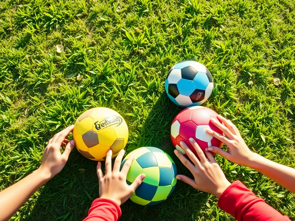 "five colorful sports balls" arranged in a circle on "green grass" under "bright sunlight," with "youthful hands reaching towards them," evoking "energy and faith."