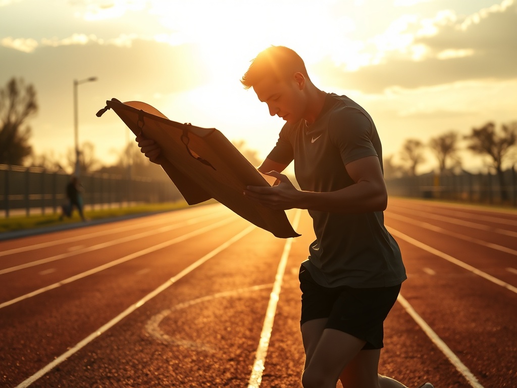 "A dynamic runner’s silhouette reading a weathered leather scroll outdoors at dawn; Jesus-like light radiates across track lines; hopeful sports energy, cinematic realism."