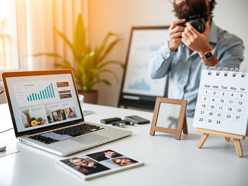 "Modern workspace" "open laptop showing charts" "product photos on desk" "person adjusting camera" "calendar with three marked days" "warm natural light"