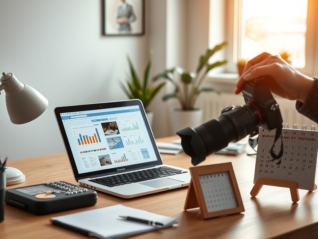 "Modern workspace" "open laptop showing charts" "product photos on desk" "person adjusting camera" "calendar with three marked days" "warm natural light"