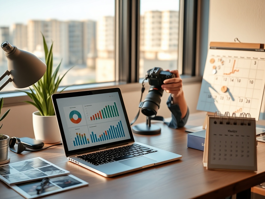 "Modern workspace" "open laptop showing charts" "product photos on desk" "person adjusting camera" "calendar with three marked days" "warm natural light"